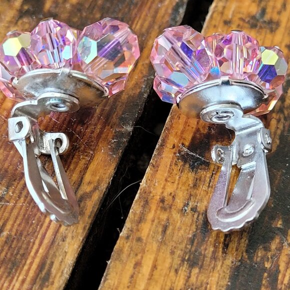 Signed Sherman Beaded Pink Swarovski Crystal Beads AB Aurora Borealis  Clip on E - Picture 2 of 3